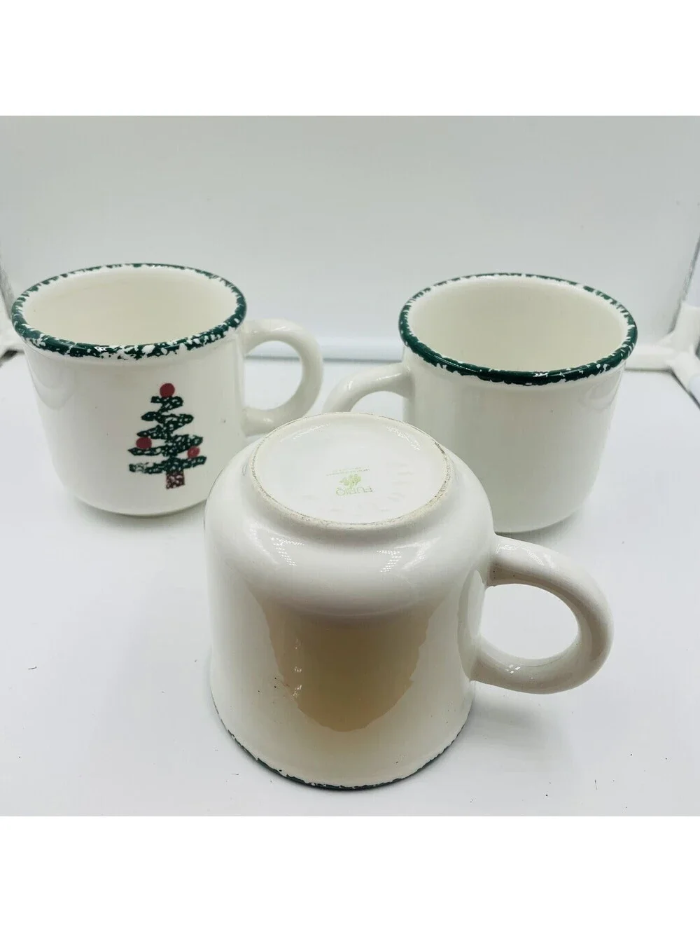 FURIO Christmas Tree Spongeware 1980s Holiday Coffee Mug Made In ITALY 3pc Set